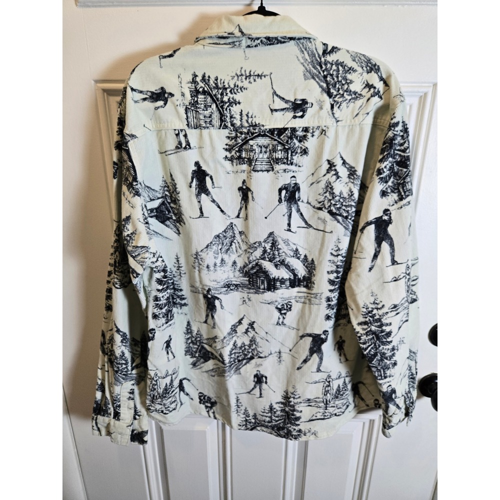 Forever 21 Men Corduroy Button Down Shirt XL Skiing Mountain Print Off White - Picture 8 of 10